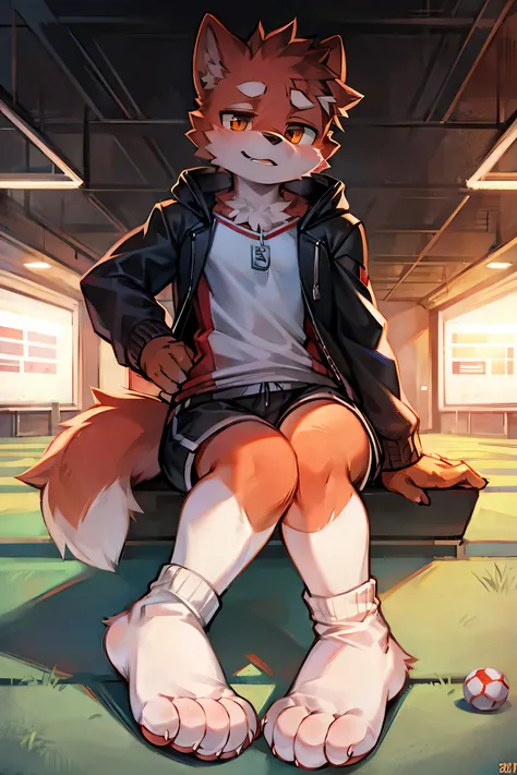 Football Socks，shorts，Then，Jacket，football field，white socks，dog，Light red fur，exhibit，Shota，hairy