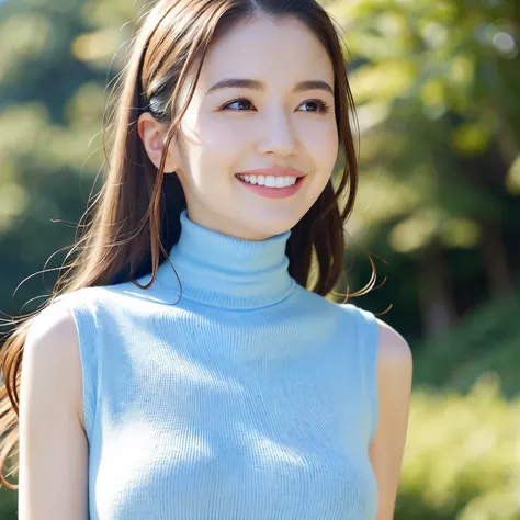 (highest quality、table top、8K、best image quality、Award-winning work)、1 woman、(Perfect light blue sleeveless turtleneck knit sweater dress:1.5)、the best smile looking at me、(huge breasts:1.8)、(From the side:1.4)、Exactly、(emphasize body line:1.2)、low length、...