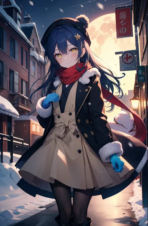 you are so kind, umi sonoda, long hair, blue hair, (yellow eyes:1.5) (flat chest:1.2),smile,blush knit hat,blue fluffy long coat...