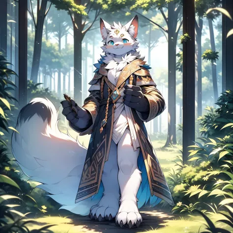 anthropomorphic cat，fluffy fur，Yellow and white patterned fur，Blue patterned fur accents，Handsome，male，alone，masterpiece，super high quality，in the woods，Show teeth when smiling，Full of energy，Rich in details，permanent，perfect，naked