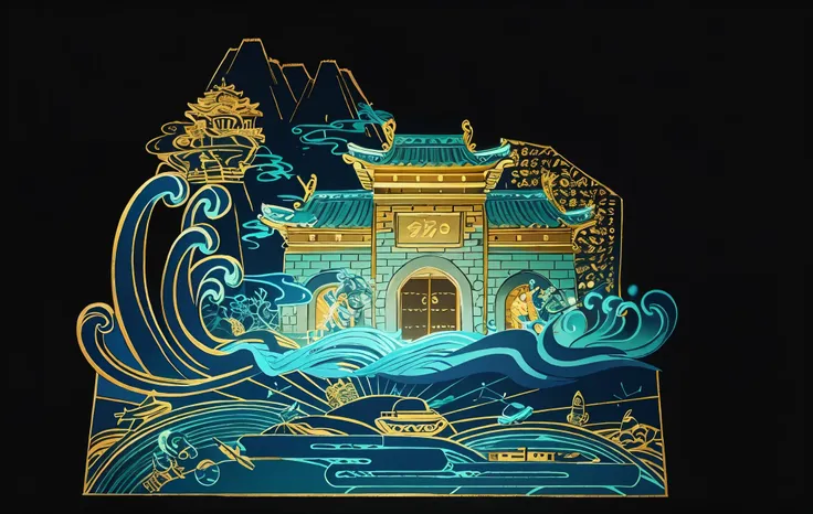 temple built on the sea，Yamakawa background，cyan blue and light gold，illustration style，high quality，high detail