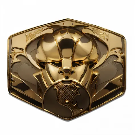 a close up of a realistic gold pro wrestling title face plate, 2k, 2 k, shield design, titan, medallion, realistic gold metal, full view, professional unique master piece, top view