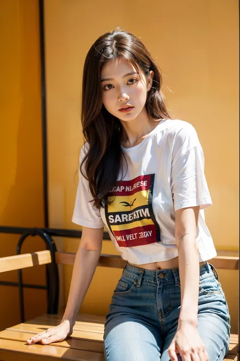 Araffed woman sitting on bench in room with yellow walls, official product image, A torn cropped t-shirt, casual style, short sleeve, korean beauty, different actions, 