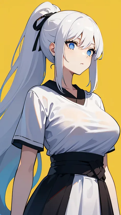 one woman,((white t-shirt)),Are standing,,big breasts,((whole body)),beautiful face,No expression,long hair,ponytail,gray hair,deep sky blue eyes,yellow green background color,From before,black ribbon,anime style,high quality,Japanese