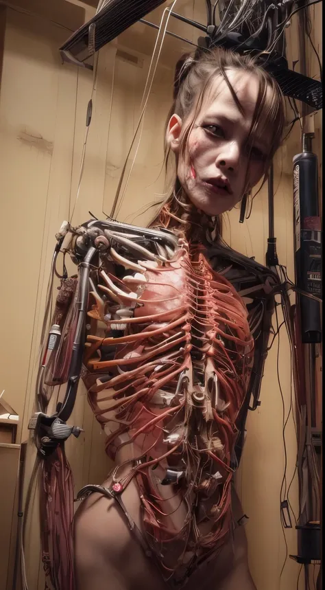 (((masterpiece))), ((highest quality)), (Super detailed), (CG illustration), (very evil and beautiful)), cinematic light, ((1 Mechanical Girl)), single, (machine made joint: 1.4), ((mechanical limbs)), ( blood vessels attached to tubes), ((Mechanical spine...