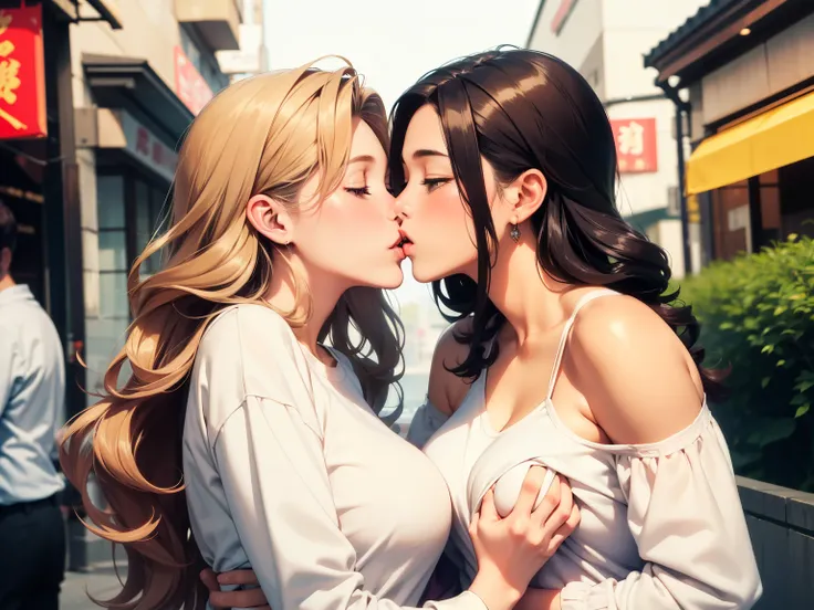 Female couple kissing on the streets of China. A bare-backed woman and a woman wearing a white shirt kiss., (SFW) Work, kissing together cutely, Girl Love Art, OPPEIN, Side milk, Slightly saggy big breasts, small breasts, (((Extra long yellow curly hair)))...