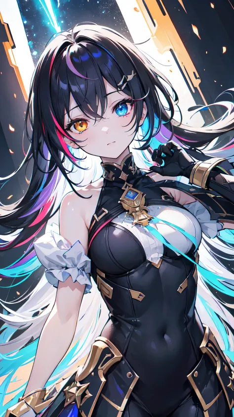 {{masterpiece}}, best quality, extremely detailed CG unity 8k wallpaper, cinematic lighting, lens flare, beautiful detail eyes, black,  side glance,  multicolor hair, colorful light, particles, heterochromia, (colorful:1.5), (colorful hair:1.5),