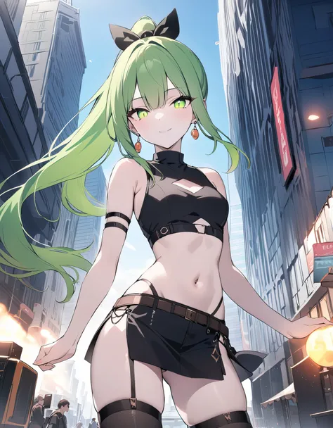 detailed, (masterpiece:1.2), (pale_skin:1.2), (solo:1.2), (female), slender, (glowing_eyes), long hair, looking at viewer, smile, bangs, skirt, shirt, thighhighs, navel, bare shoulders, closed mouth, green eyes, standing, ponytail, earrings, boots, outdoor...