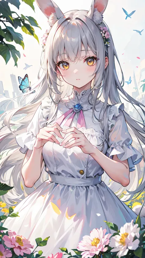 Detail, realism, 4k, 15-year-old girl, face detail, large yellow eyes, plump lips, upturned nose, gray hair with pink strands, in a white dress, with a rabbit in her hands, flowers in the background, white butterflies in the foreground, realistic shooting,...