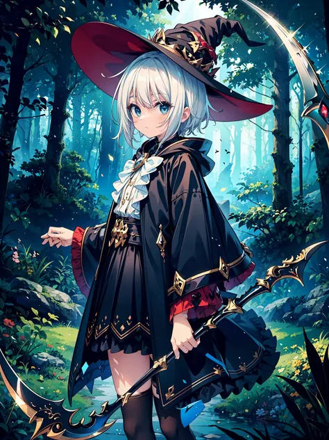 (masterpiece), best quality, highly detailed, a magus girl with white hair holdding a magical scythe, witch hat, huge horn, fril...