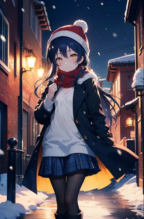 you are so kind, umi sonoda, long hair, blue hair, (yellow eyes:1.5) (flat chest:1.2),smile,blush knit hat,blue fluffy long coat...