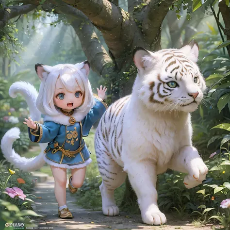 A picture of two little girls running, Mainly oil paintings of white tigers, chibi style, Bright colors, dynamic composition, Fast-paced movement, playful expression, soft lighting, fantastic atmosphere, energetic brushstrokes, detailed fur texture, beauti...