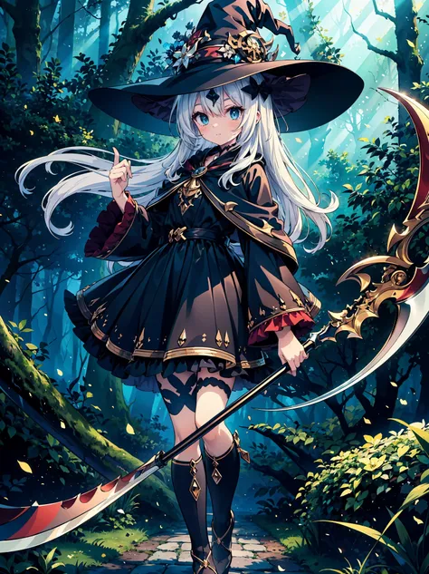 (masterpiece), best quality, highly detailed, a magus girl with white hair holdding a magical scythe, witch hat, huge horn, fril...