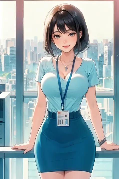 1lady standing, /(casual shirt/) (pencil skirt:1.1) /(id card lanyard/), mature female, /(black hair/) bangs, blush kind smile, (masterpiece best quality:1.2) delicate illustration ultra-detailed, large breasts BREAK /(modern office indoors/), window skysc...