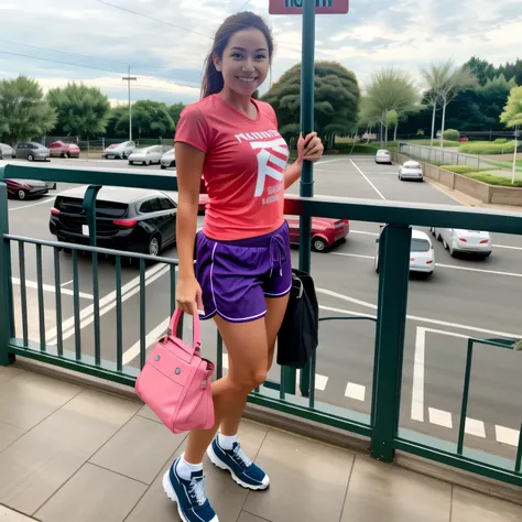 woman standing on a balcony with a purple bag and a pink bag, wearing travel clothes, standing in a parking lot, wearing a red t-shirt and greenish shorts, short and tight, in a parking lot, vacation photo, near the park. fit woman, high resolution, high q...