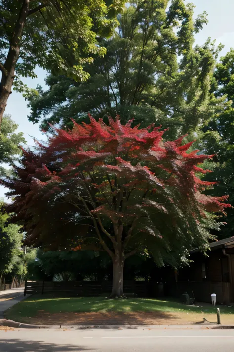 A large tree with striking red leaves. 