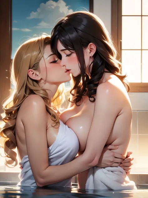 Female couple kissing on a deserted beach with a bare-backed woman and a naked woman wearing a bath towel, (SFW) Work, kissing together cutely, Girl Love Art, OPPEIN, Side milk, Slightly saggy big breasts, small breasts, (((Extra long yellow curly hair))),...