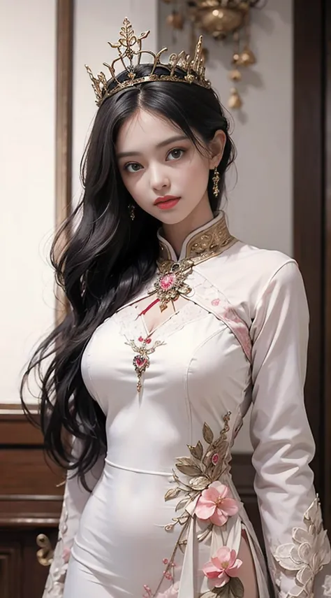 Portrait of a milf saint of 28 years old, Saint with a beautiful and super cute face,Wearing a very thin and sexy Ao Dai, Beautiful cute face, There is a deep slit in the chest、Black and white lace trim attractive Ao Dai, Beautiful face without blemish, Lo...