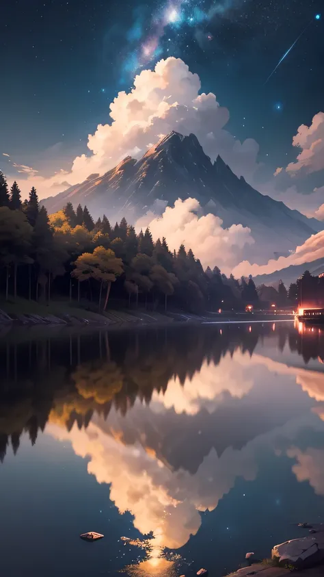 Primary Requirements for Highest Qualifications, landscape, cloud, Cartoon train passing body of water on tracks in the distance, bright starry sky. Viant, romantic lighting, pixiv, concept art, Lofi art style, reflection. Xin Haicheng, Aneurysm, Cute anim...