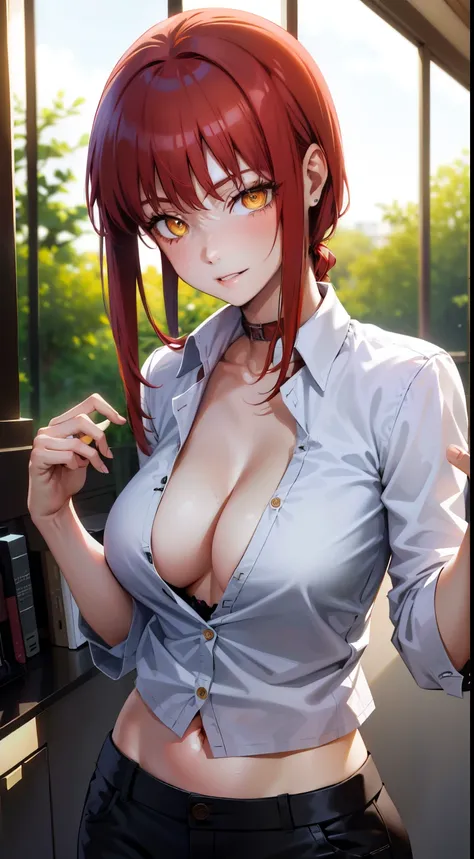 (masterpiece, best quality:1.2), solo, 1girl, red hair, yellow eyes, makima,, unbuttoned shirt with collar, on the chest, a lot of, black unbuttoned pants, wide hips,