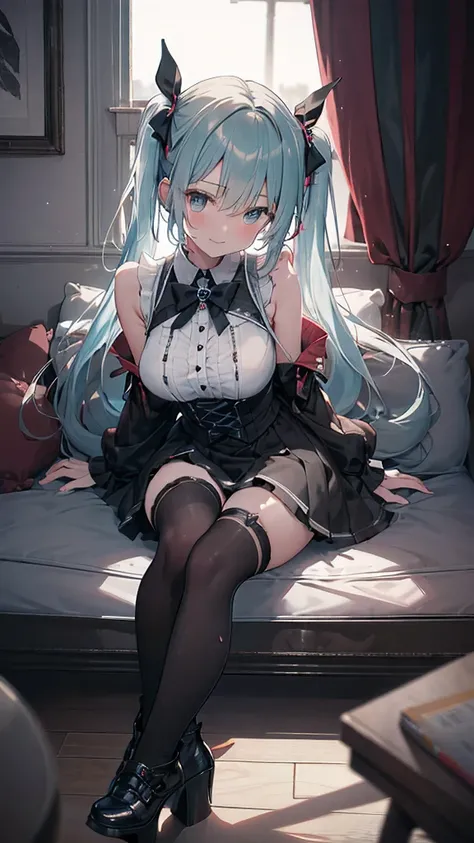 (masterpiece,Super detailed,In 8K,best configuration,moody lighting,Photoreal,dynamic shot:1.5),Hatsune Miku,dangerous vampire,adult sexy body,Light blue twin tails,smile a little,double teeth,A small pink heart drawing on the cheek,Gothic dress fashion in...