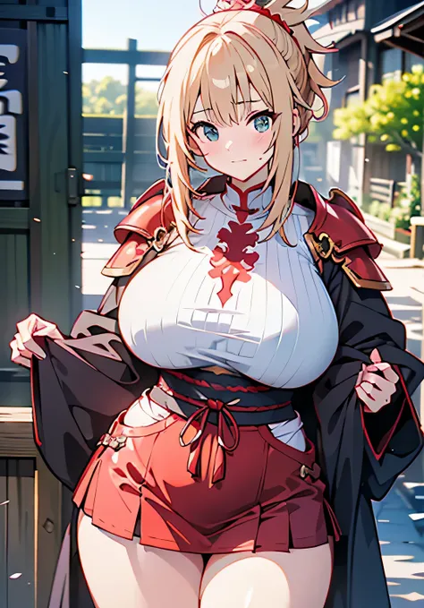 Erotic Anime Illustration、best image quality、Plump gal samurai guarding the castle gate、mordred、perfect proportions、leather armor、Overwhelming big breasts that go beyond common sense、Japanese armor、thick legs with fat、cowboy shot、Also々new expression