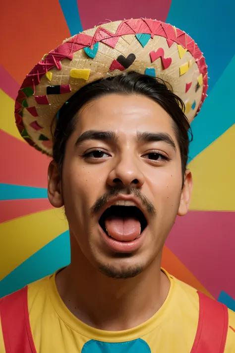 ((best quality)), ((colourfull)), (digtal art), (flat style art), (illustration), (cartoon),  portrait of a mexican man with a large mustache, ally, SCREAMING, PASSIONATE, mouth WIDE OPEN, sombrero, bright colours, flat art style, hands on side of head, ey...