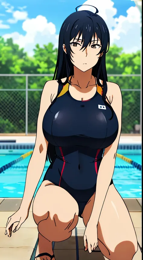 and,1 girl, 一with people, portrait, (big breasts), No expression, long hair, Ahoge, ((swimsuit,pool)), perfect quality, good quality, masterpiece, HDR, UHD,looking at the viewer, in the center of the image,Show up to your knees,１with people,