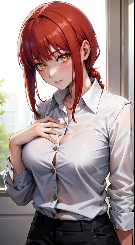 (masterpiece, best quality:1.2), solo, 1girl, red hair, yellow eyes, makima,, unbuttoned shirt with collar, on the chest, a lot of, black unbuttoned pants, wide hips,