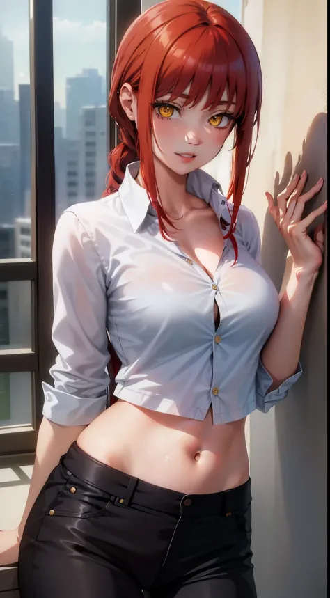 (masterpiece, best quality:1.2), solo, 1girl, red hair, yellow eyes, makima,, unbuttoned shirt with collar, on the chest, a lot of, black unbuttoned pants, wide hips,