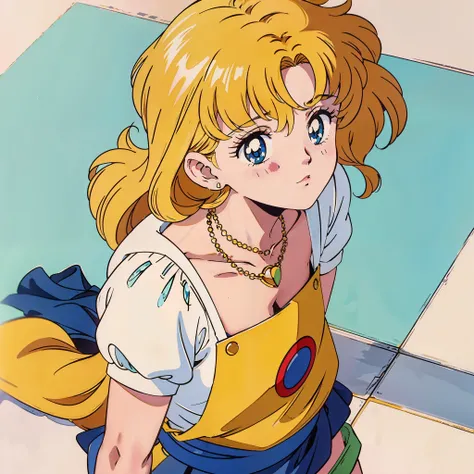 a small gold necklace, 90s anime style, white simple background