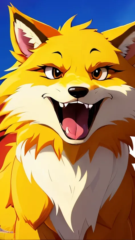 orange fur wolf, dragon wings, fluffy ears, detailed fluffy wolf tail, expressive yellow eyes, open mouth, fangs, front view, detailed blue sky background