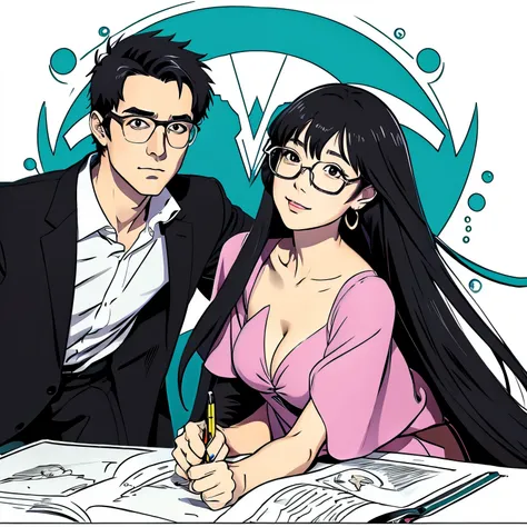 Anime drawing of a man using gravity magic and a sexy woman wearing glasses