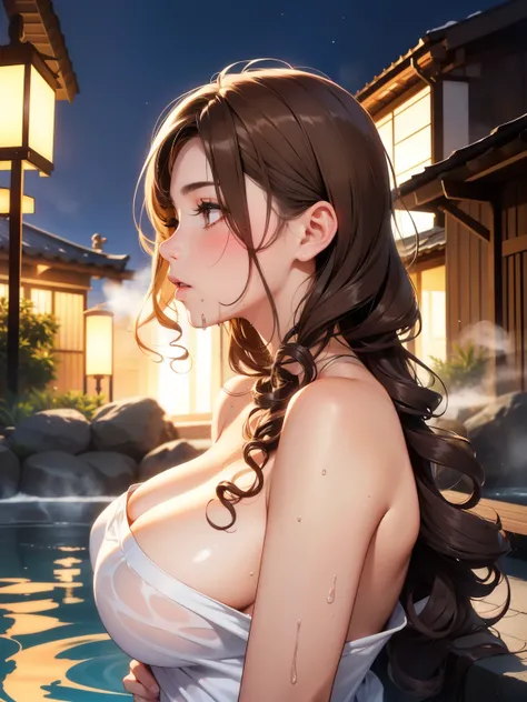 Female lovers kissing naked woman wearing bath towel in Japanese hot spring at night, (SFW) Work, kissing together cutely, Girl Love Art, OPPEIN, Side milk, Slightly saggy big breasts, small breasts, (((Extra long yellow curly hair))), (((Brown shoulder-le...