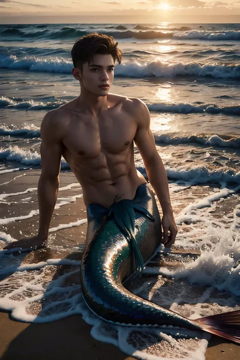 Hot and thin but well-built 20-year-old male mermaid, with the sun setting in the background and the waves gently lapping at the shore. The lighting is cinematic, with deep shadows and highlights, 