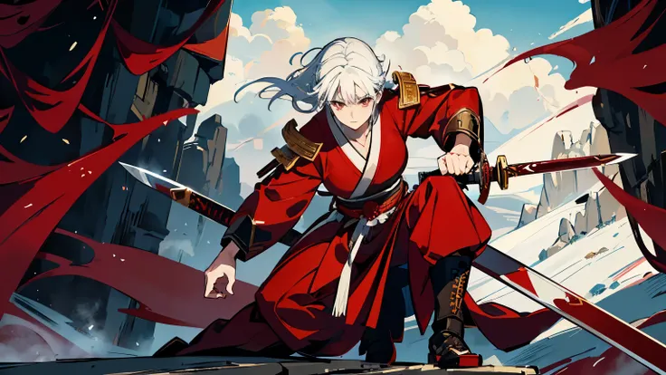 Close-up of a handsome martial arts girl wearing red Hanfu，white hair，Exquisite facial features，Holding a long sword in hand，Standing on the top of the mountain，Standing posture is domineering，Behind the clouds and mist，Sunshine，Girl solo，Look up ahead，Fac...