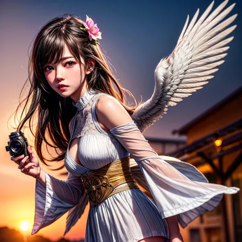 sunset "Sparrow bird with open wings spread upwards perched on a cherry blossom branch, top tmasterpiece of superior high-quality, officially beautiful art and aesthetics, realistic and detailed, yang08k." on sakura tree in a bottle, fluffy, atmospheric li...