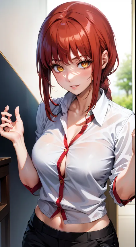 (masterpiece, best quality:1.2), solo, 1girl, red hair, yellow eyes, makima,, unbuttoned shirt with collar, on the chest, a lot of, black unbuttoned pants, wide hips,