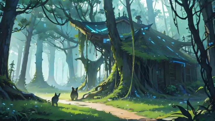 A mystical forest scene with ancient trees adorned with bioluminescent foliage, and a curious cat exploring the enchanted undergrowth.