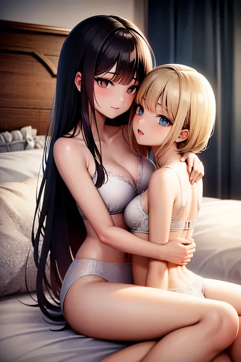 masterpiece, top quality, 2girl, lingerie, hugging, kissing, bed