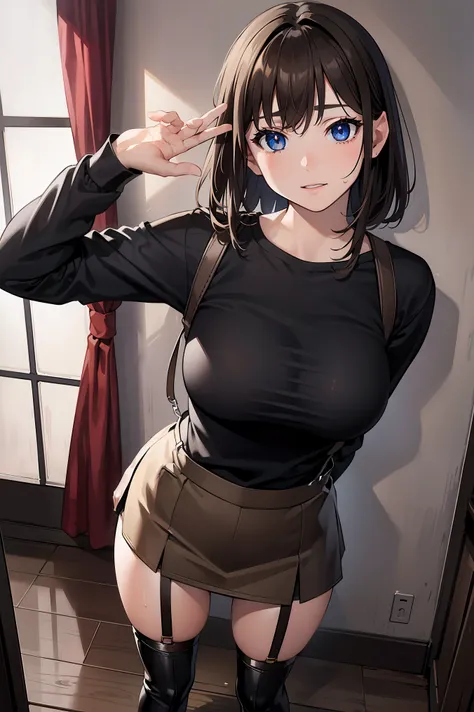 brown hair、looking at the viewer　　suspenders　　　Bulging big breasts　　 　 　　　　Black miniskirt　garter belt　knee high socks　　　　　　Gaze　　　small face　bangs 　　　　　Beauty　　hands up　　 　Gaze 　black boots 　provocation　　armpit sweat　one person 　　put your hands behind you...