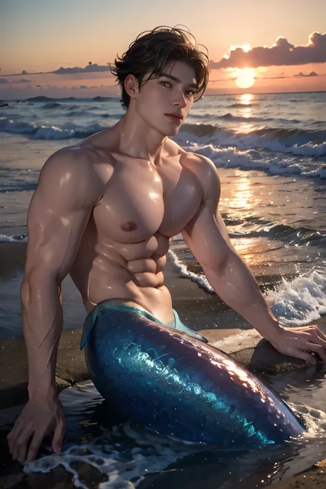 hot and thin but well-built 20-year-old male mermaid, with the sun setting in the background and the waves gently lapping at the...