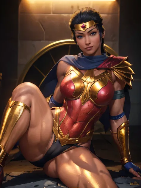 (Melhor qualidade, high resolution, obra de arte :1.3), Textura altamente detalhada do rosto e da pele, olhos detalhados, Double eyelid, wonder woman,dc,alternate hairstyle,black hair,blue eyes,looking at viewer,muscular female,shiny skin,smile,spread legs...