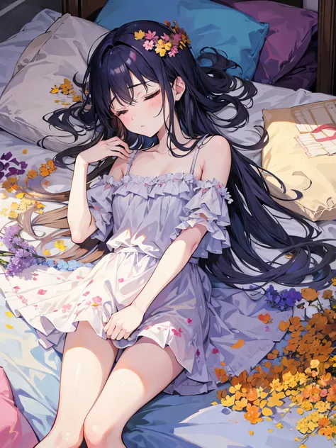 anime illustration、masterpiece、girl、13 years old、sleeping on a bed filled with dried flowers。