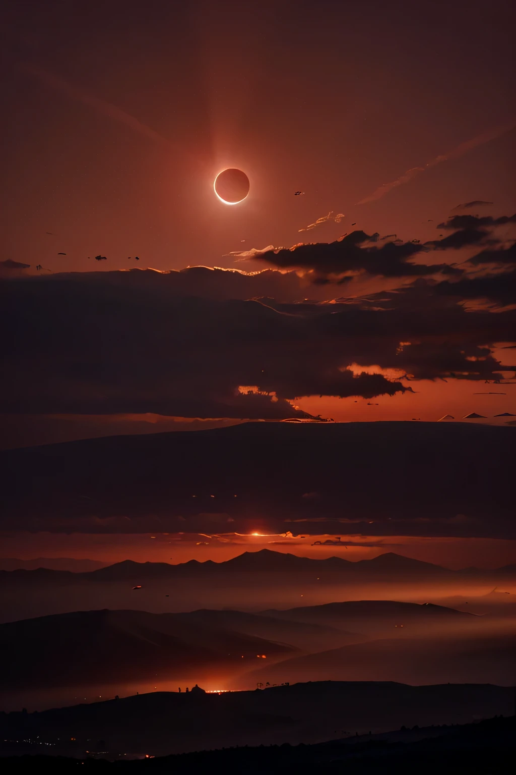 red sky solar eclipse, 4:3, realista, Only sky, tons quentes de cores, 4K 