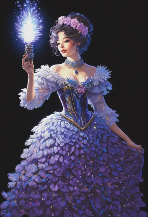 illustration，painting，acrylic painting，victorian art style，The magical girl holds a blue-purple magic bullet that emits a strong light in her hand，Beautiful dress made of flowers，full body portrait，Focus on falling feathers，rim light，Glowing special effect...