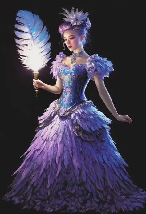 illustration，painting，acrylic painting，victorian art style，The magical girl holds a blue-purple magic bullet that emits a strong light in her hand，Beautiful dress made of flowers，full body portrait，Focus on falling feathers，rim light，Glowing special effect...