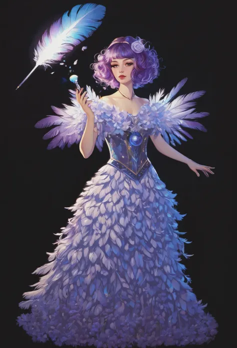 illustration，painting，acrylic painting，victorian art style，The magical girl holds a blue-purple magic bullet that emits a strong light in her hand，Beautiful dress made of flowers，full body portrait，Focus on falling feathers，rim light，Glowing special effect...