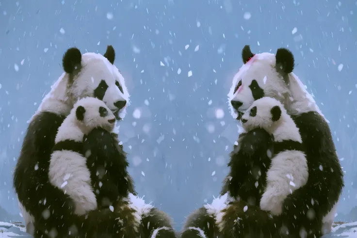 Photography，Ultra-detailed，pandas sitting on a rock in the snow with their heads together, panda panda panda, best adobe stock, panda, Portrait shoot, a cute giant panda, cute panda, blinds, 3840x2160, 3840×2160, video, Close establishing shot, feng zhu |,...