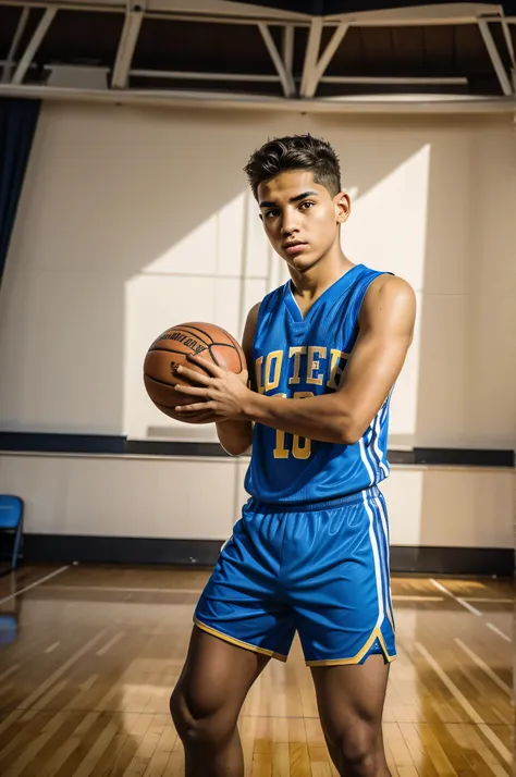 Gerar foto, alta qualidade, super detalhado, Ultra-resolution, broad view of the character: homem latino, jovem (17 anos), wearing blue basketball uniform Action: Jogar basquete